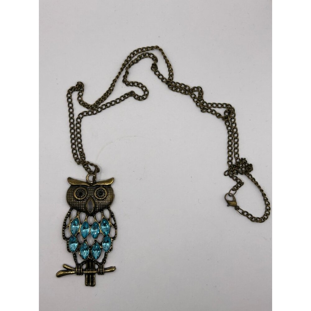 Vintage-Style Owl Pendant Necklace With Blue Gemstones & Antique Bronze Chain